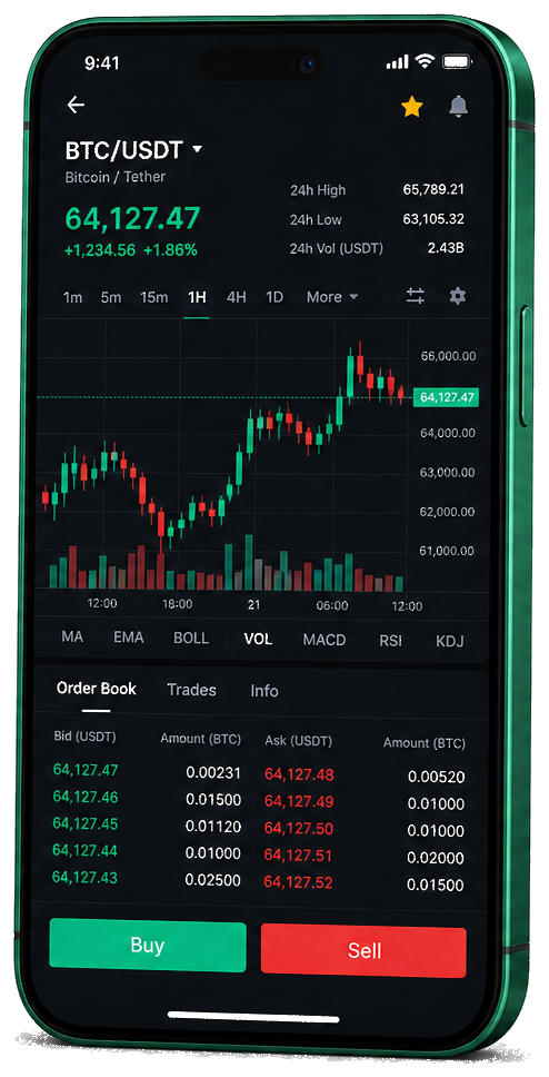 Interface mobile de trading Adler Quant — cours BTC/USDT en temps réel, carnet d’ordres et outils de suivi des transactions